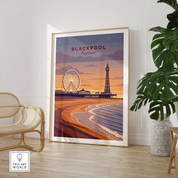 Blackpool Print | UK Coastal Wall Decor featuring Blackpool's iconic Pier and Ferris wheel at sunset.