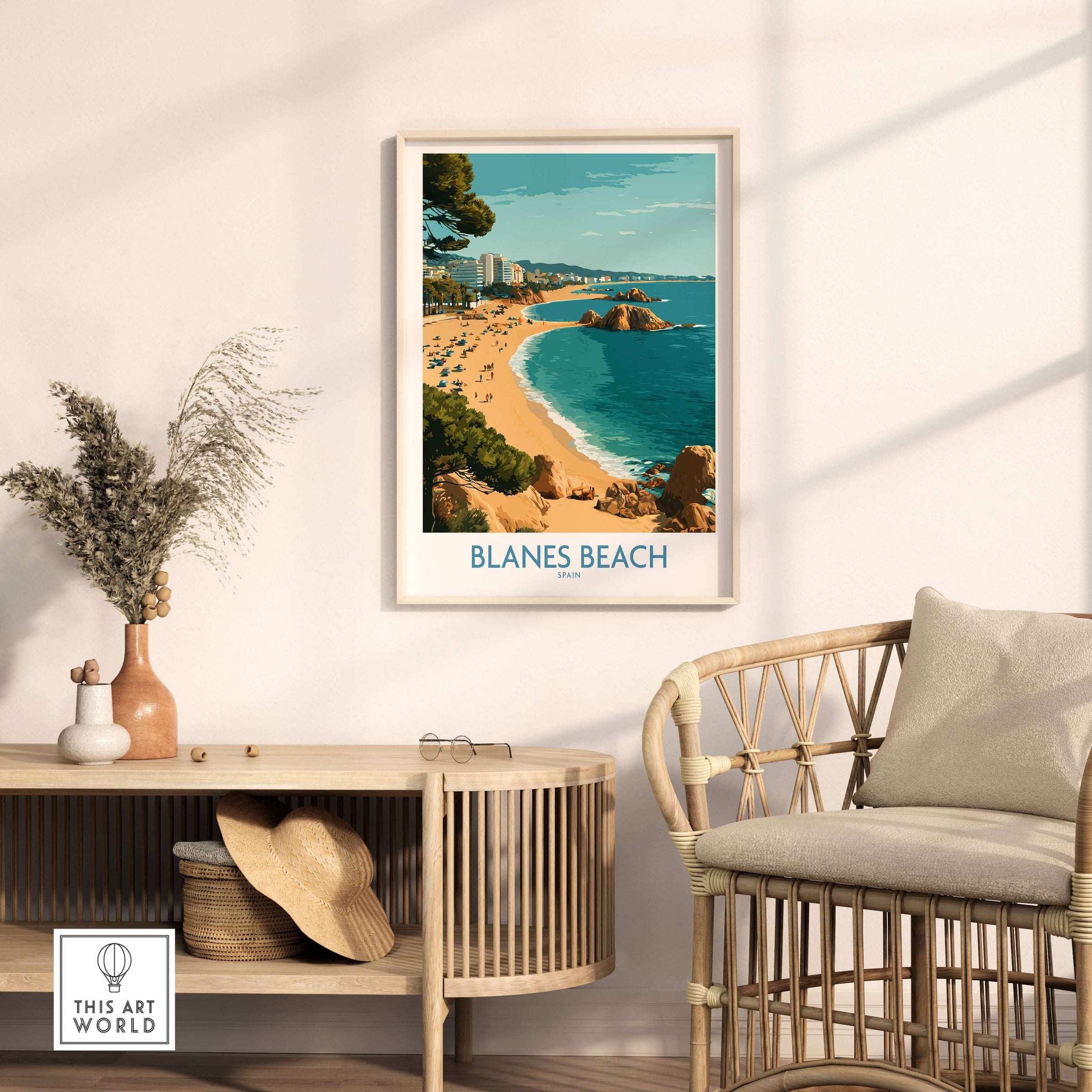 Blanes Beach Spain Travel Wall Art - Mediterranean Coast Poster displayed in a stylish home interior.