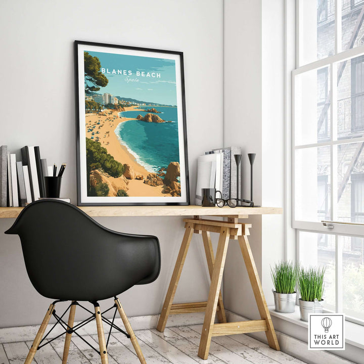 Blanes Beach Spain travel poster print displayed in a modern workspace, showcasing coastal wall art decor.