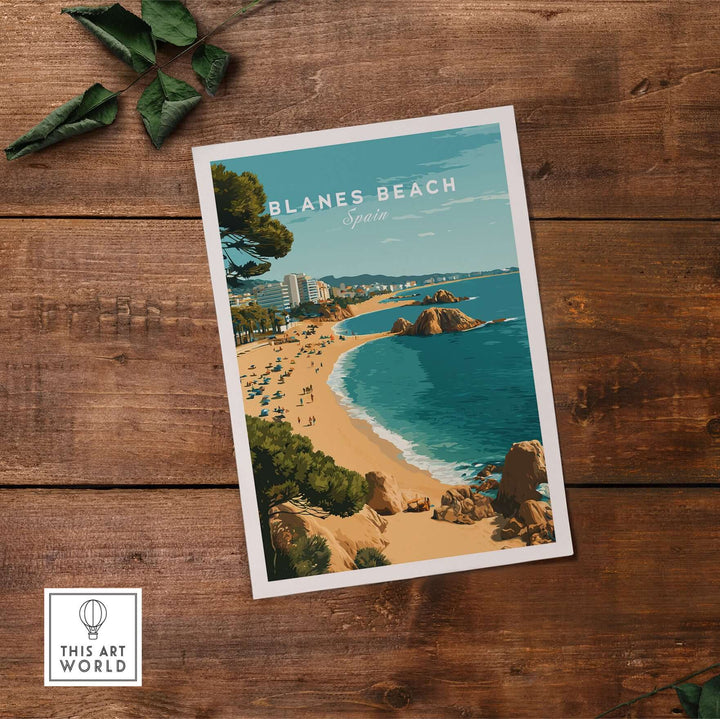 Blanes Beach Spain Travel Poster Print showcasing a stunning coastal view with sunlit sand and vibrant Mediterranean colors.