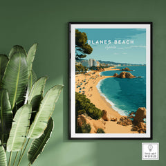 Blanes Beach Spain Travel Poster Print - Coastal Wall Art Decor enhancing a green wall with Mediterranean views.