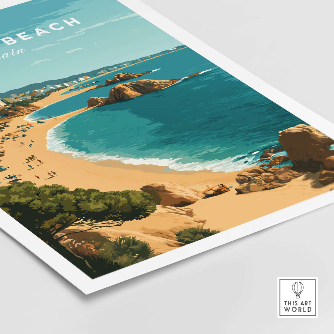 Blanes Beach Spain travel poster print featuring a scenic coastal view and sandy shores.