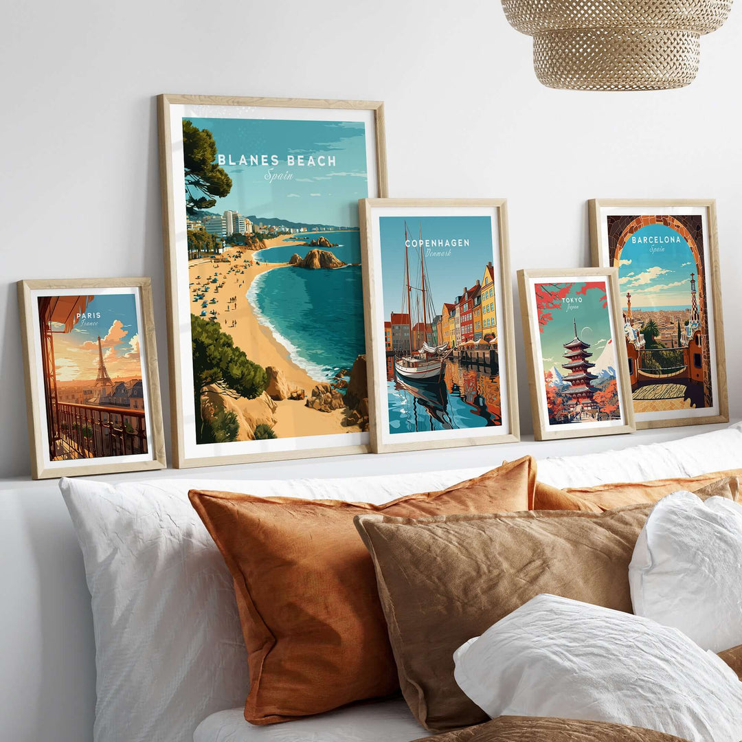 Blanes Beach Spain travel poster print and coastal art displayed in a stylish living room decor setting.