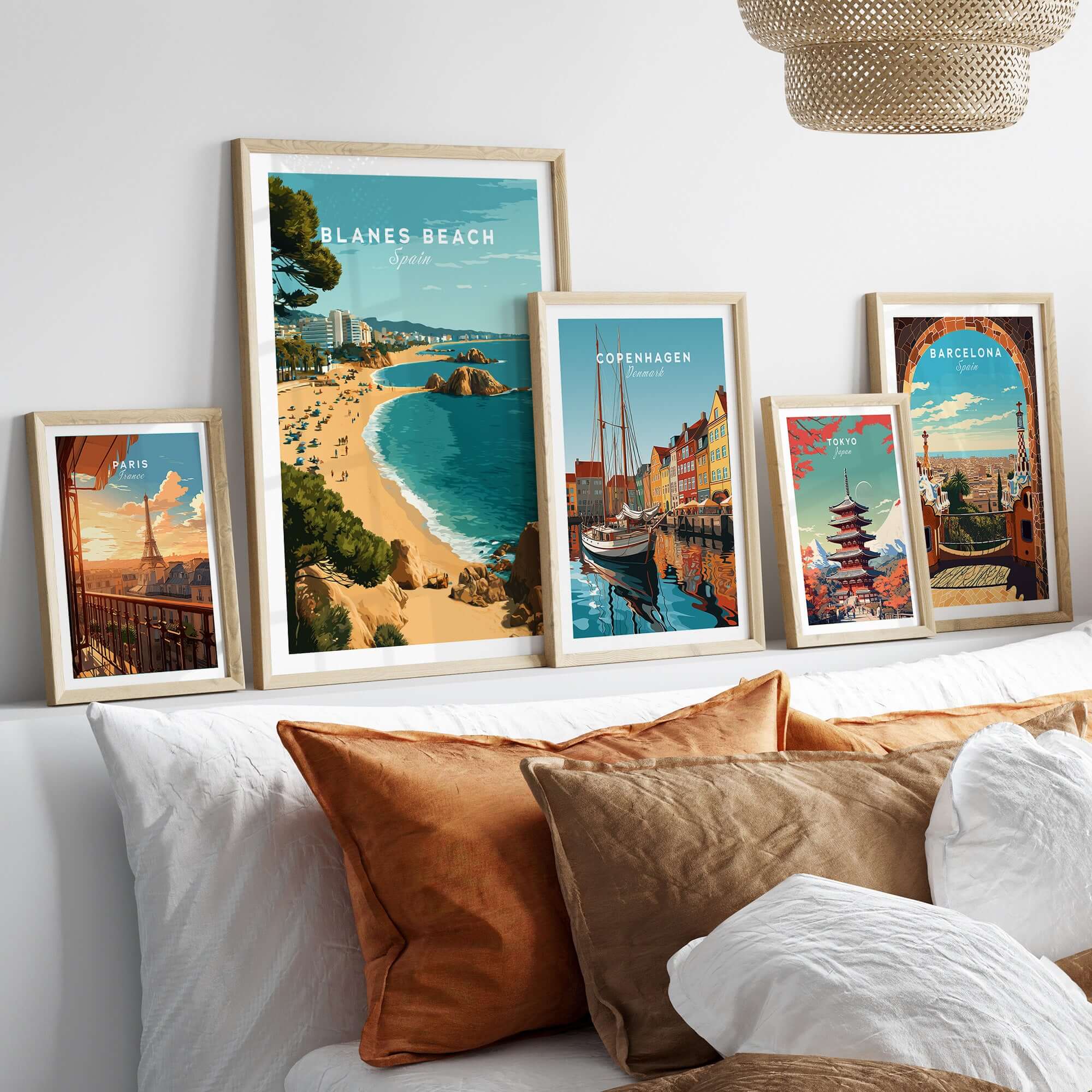 Blanes Beach Spain Travel Poster Print - Coastal Wall Art Decor displayed in a chic interior setting with other travel posters.