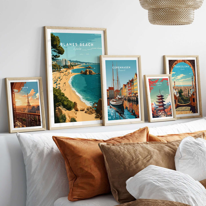 Blanes Beach Spain travel poster print and coastal art displayed in a stylish living room decor setting.