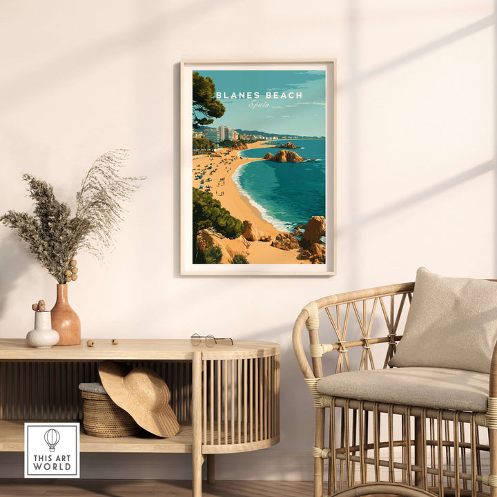 Blanes Beach Spain travel poster print decor displayed in a modern interior with coastal elements.