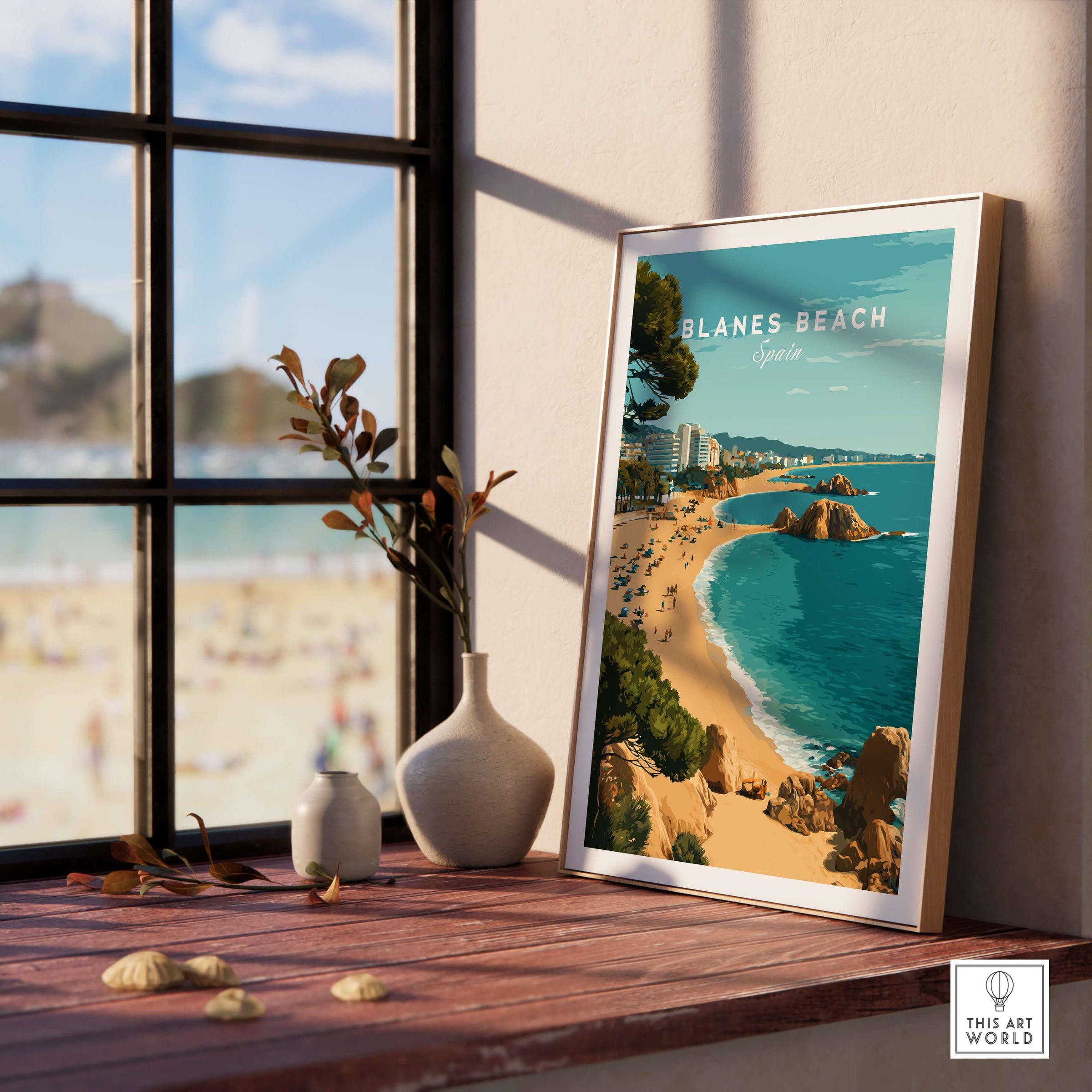 Blanes Beach Spain Travel Poster Print - Coastal Wall Art Decor displayed in a sunny room by a window.
