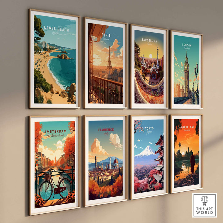 Gallery of travel poster prints featuring Blanes Beach, Paris, Barcelona, London, Amsterdam, Florence, Tokyo, and Angkor Wat.