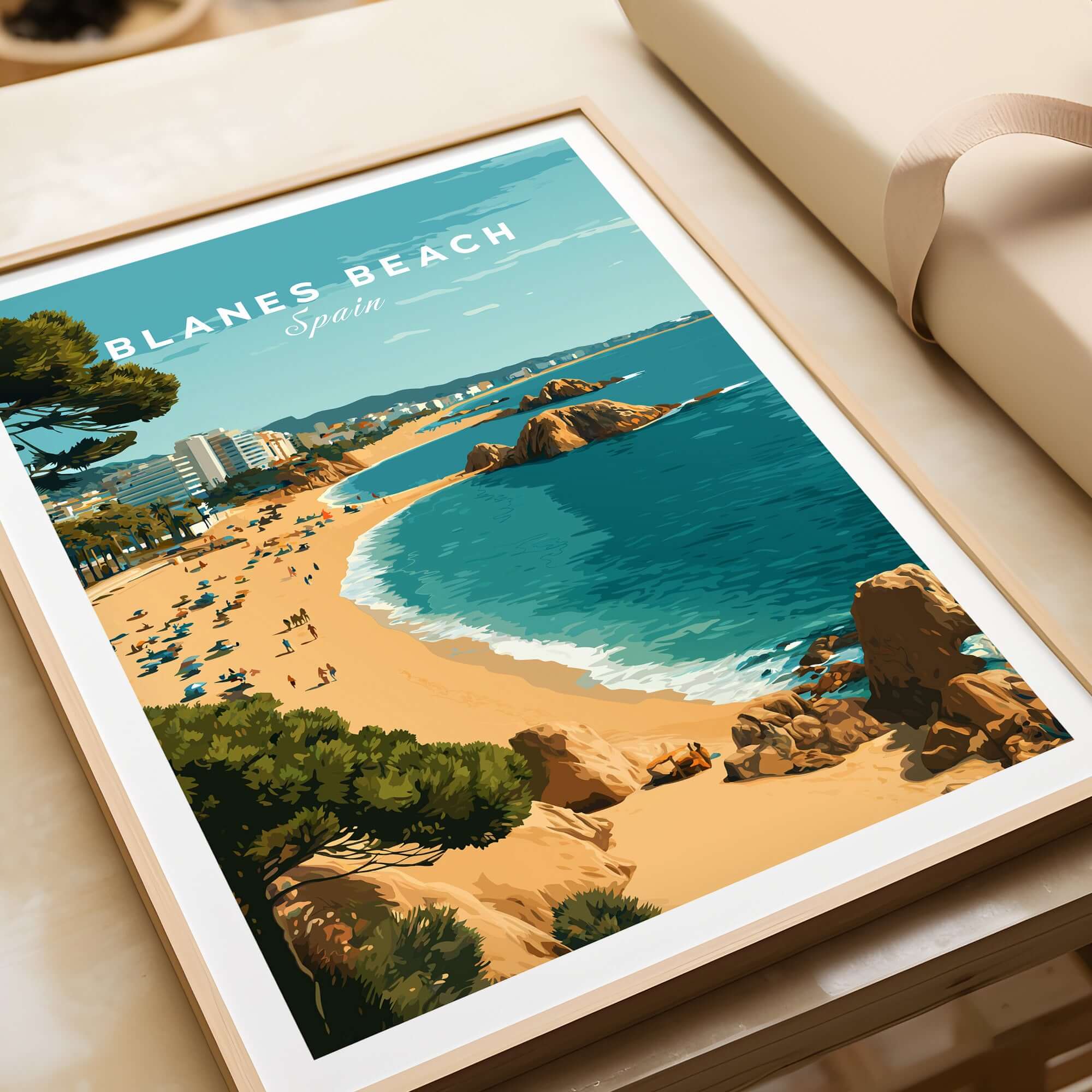 Blanes Beach Spain Travel Poster Print - Coastal Wall Art Decor showcasing a vibrant coastal scene with sandy beaches.