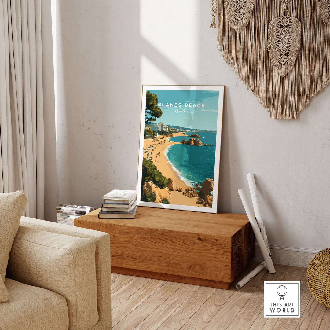 Blanes Beach Spain travel poster print displayed in a stylish living room, showcasing coastal wall art decor.