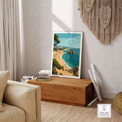 Blanes Beach Spain Travel Poster Print - Coastal Wall Art Decor showcased in a stylish living room setting.