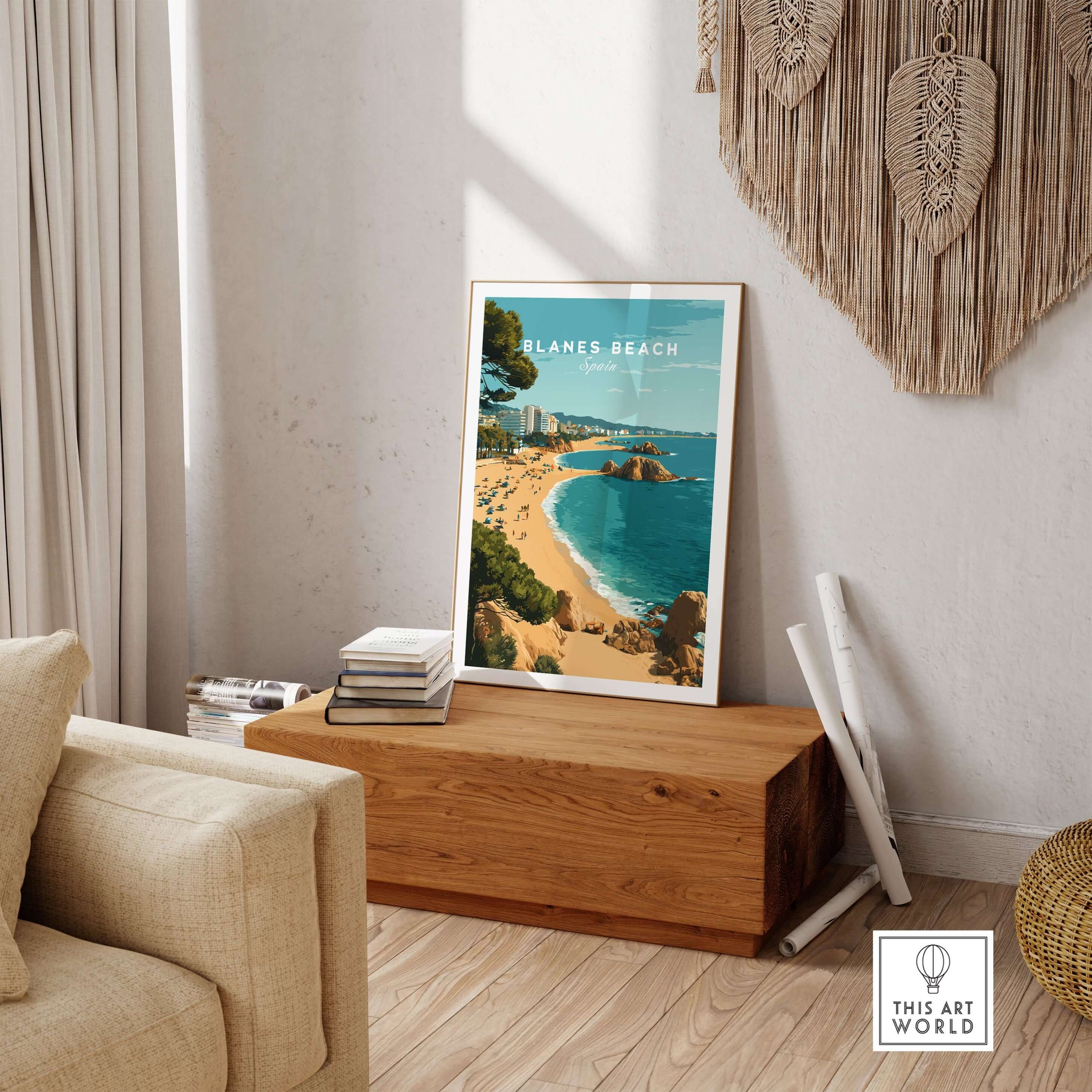 Blanes Beach Spain Travel Poster Print - Coastal Wall Art Decor showcased in a stylish living room setting.
