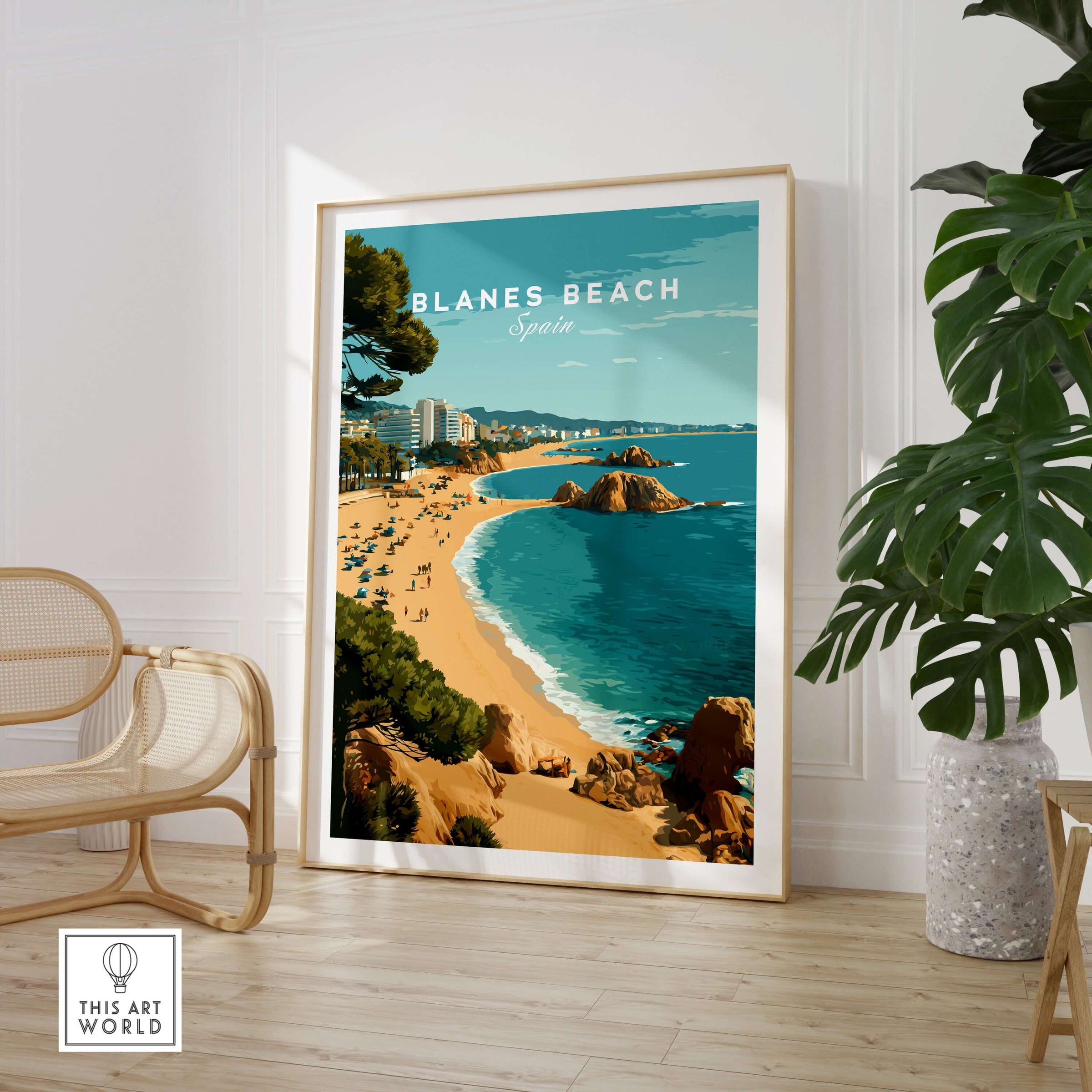 Blanes Beach Spain Travel Poster Print - Coastal Wall Art Decor displayed in a stylish living room setting.