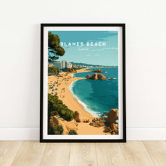 Blanes Beach Spain Travel Poster Print - Coastal Wall Art Decor showcasing a beautiful Mediterranean coastline.