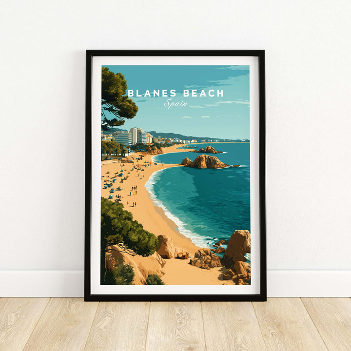 Blanes Beach Spain travel poster print showcasing coastline and sunny beach scene, perfect for coastal wall art decor.
