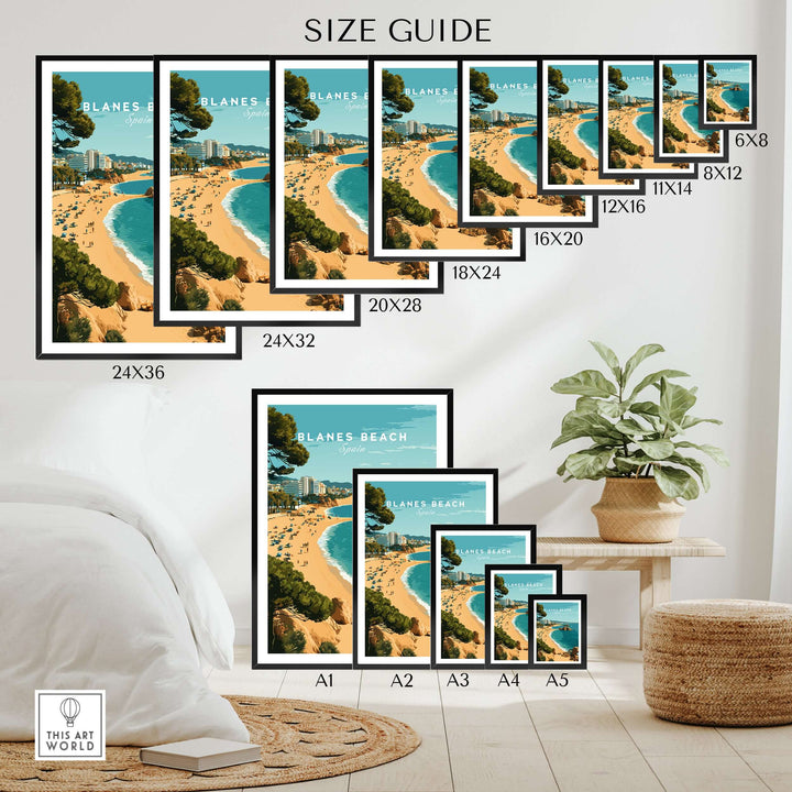 Size guide of Blanes Beach Spain Travel Poster Print, showcasing various frame sizes for coastal wall art decor.