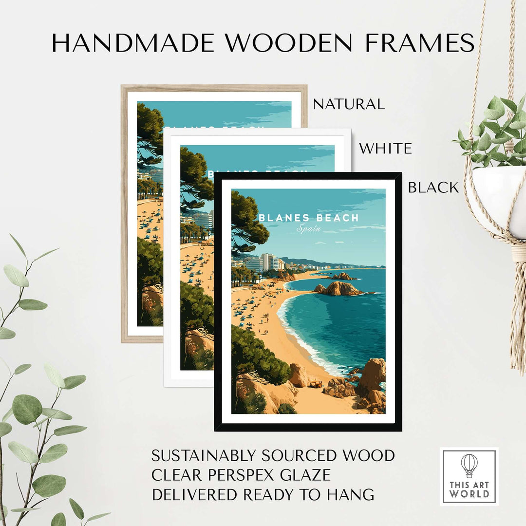 Handmade wooden frames for Blanes Beach travel poster print in natural, white, and black options, ready to hang.