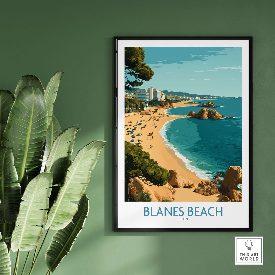 Blanes Beach Spain travel wall art poster showcasing Mediterranean coastline beauty and vibrant colors.