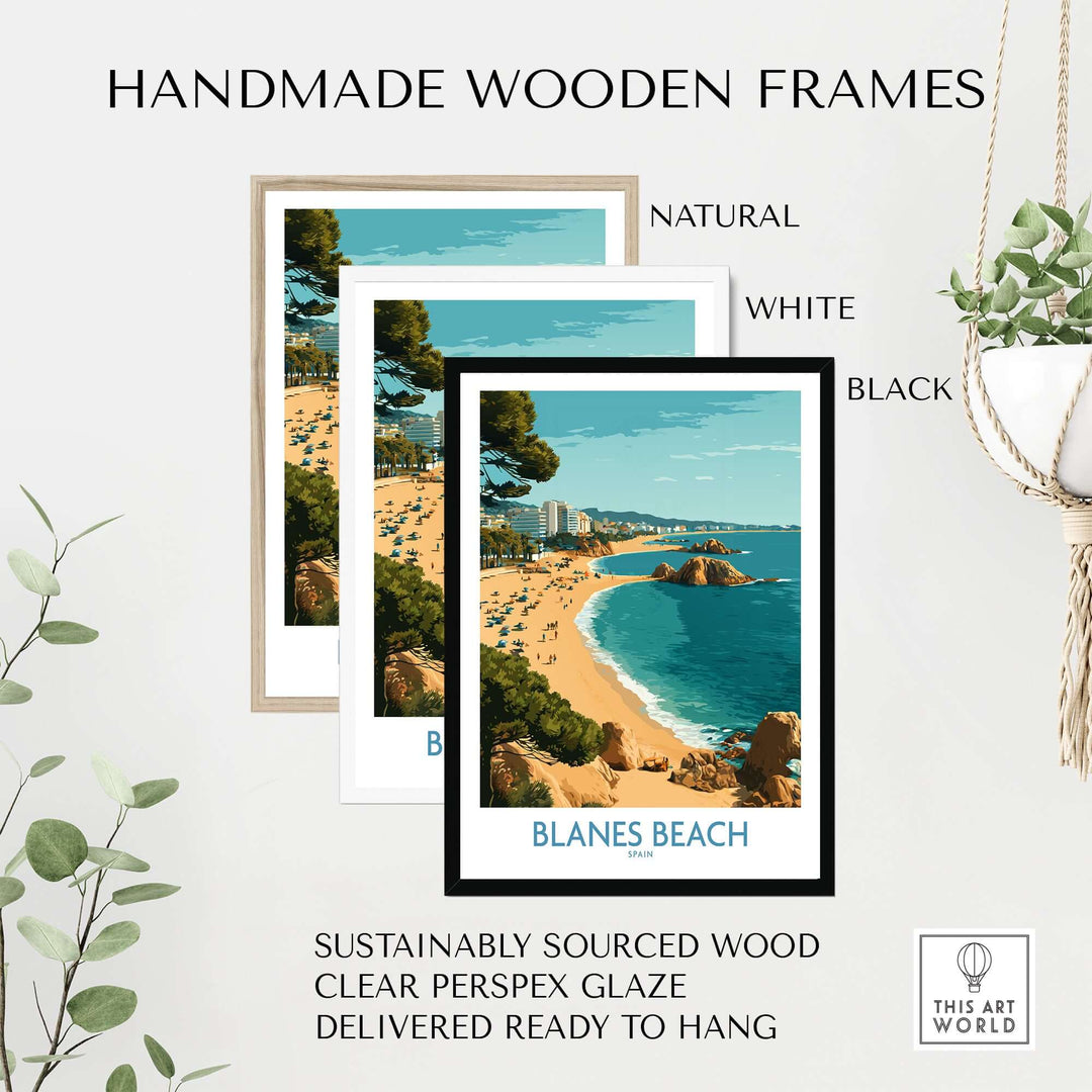 Handmade wooden frames in natural, white, and black for Blanes Beach Spain Travel Wall Art, ready to hang.