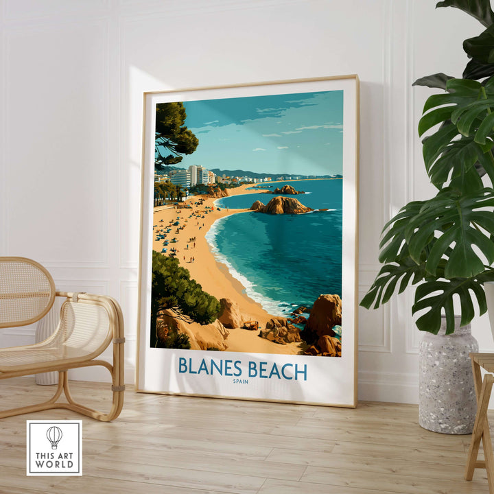 Blanes Beach Spain travel wall art poster showcasing Mediterranean coastline beauty and sunny beach ambiance.