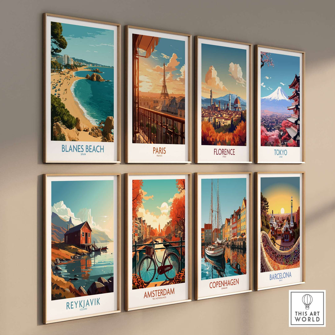 Collection of travel posters including Blanes Beach, Paris, Florence, Tokyo, Reykjavik, Amsterdam, Copenhagen, and Barcelona.