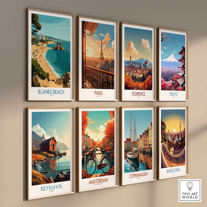Collection of travel posters including Blanes Beach, Paris, Florence, Tokyo, Reykjavik, Amsterdam, Copenhagen, and Barcelona.