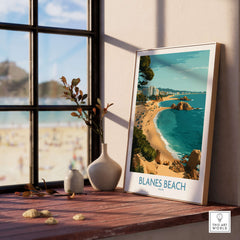 Blanes Beach Spain Travel Wall Art - Mediterranean Coast Poster displayed in a coastal living room with a view.