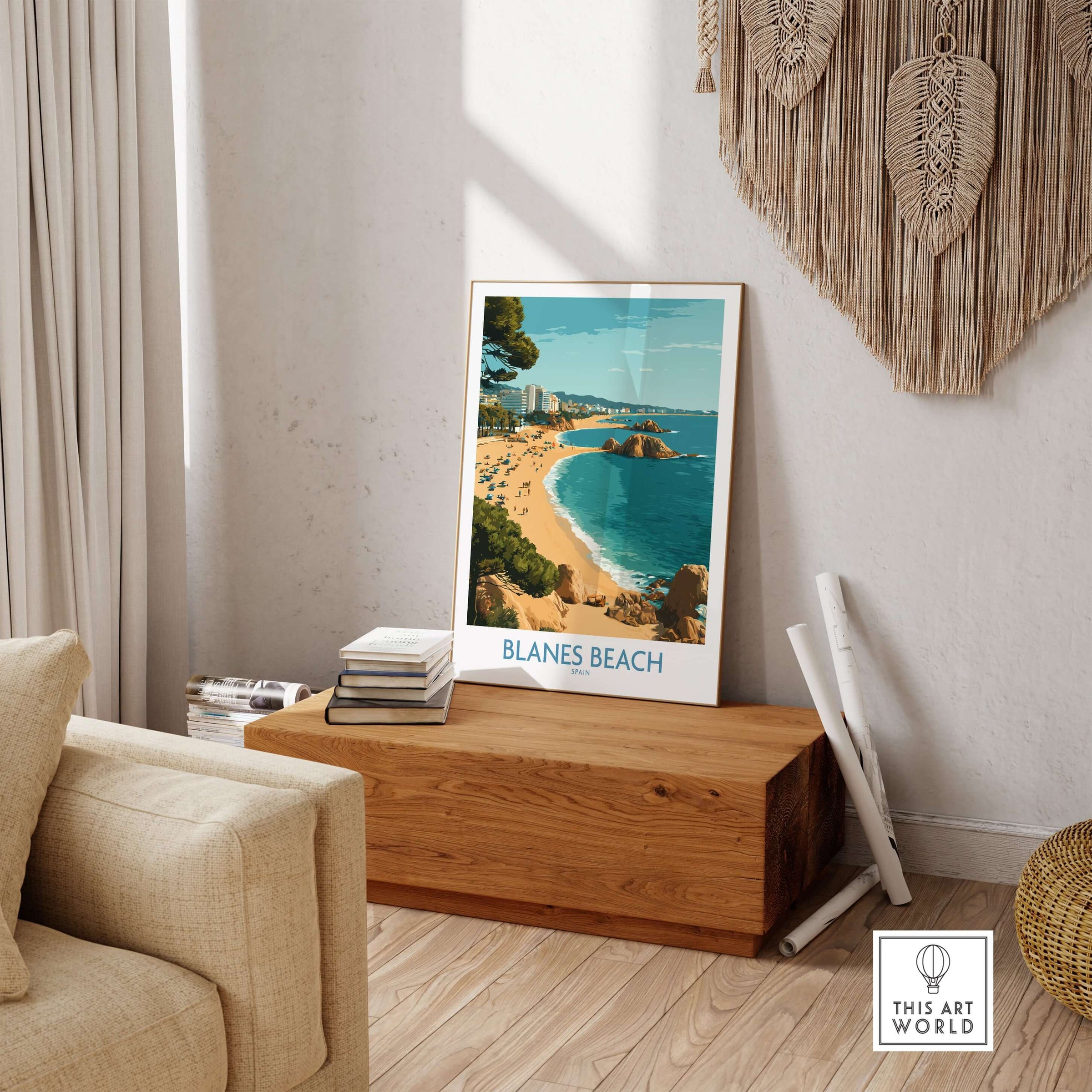 Blanes Beach Spain Travel Wall Art - Mediterranean Coast Poster displayed in a home setting with a wooden box and plant.