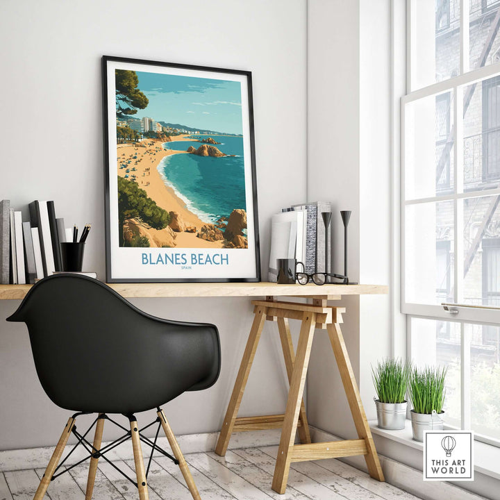 Blanes Beach Spain travel wall art poster displayed in a stylish office setting with modern decor.
