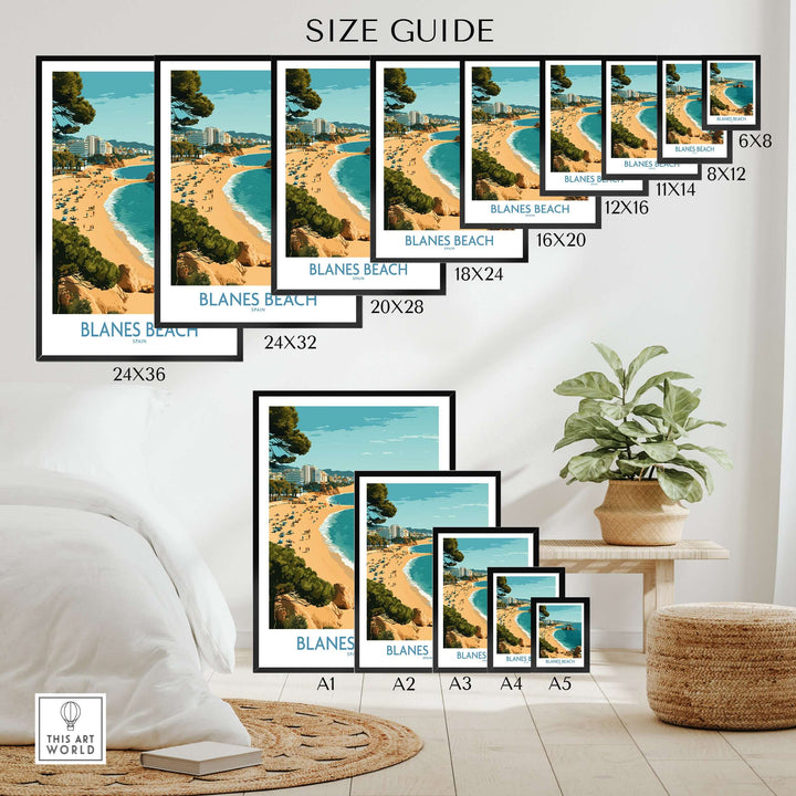 Size guide for Blanes Beach Spain wall art prints in various dimensions, showcasing Mediterranean coast poster options.