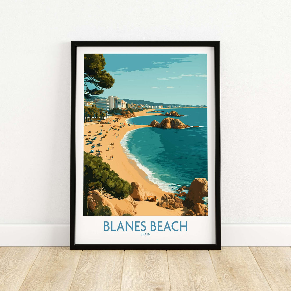 Blanes Beach Spain travel wall art poster featuring a vibrant Mediterranean coastline and scenic beach view.