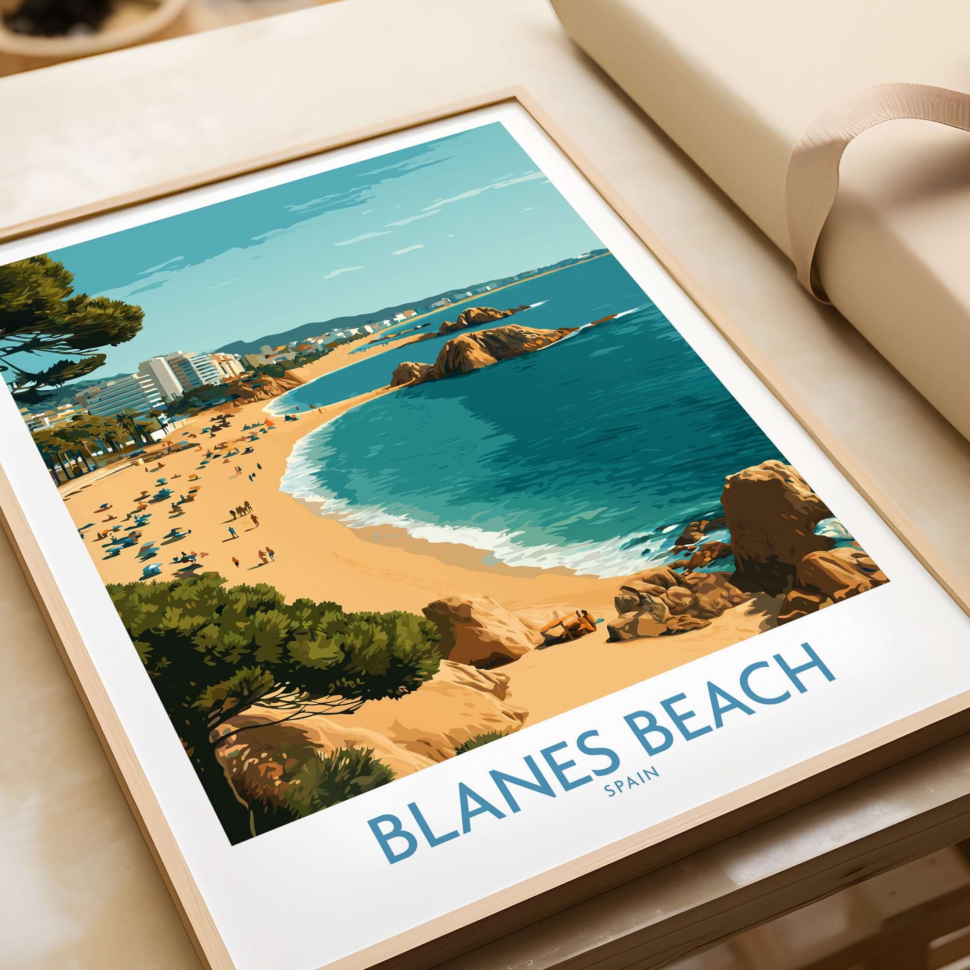 Blanes Beach Spain Travel Wall Art - Mediterranean Coast Poster showcasing coastline and beach scene.
