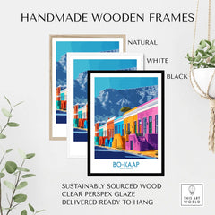 Handmade wooden frames in natural, white, and black for Bo-Kaap print, featuring sustainable materials and ready-to-hang design.