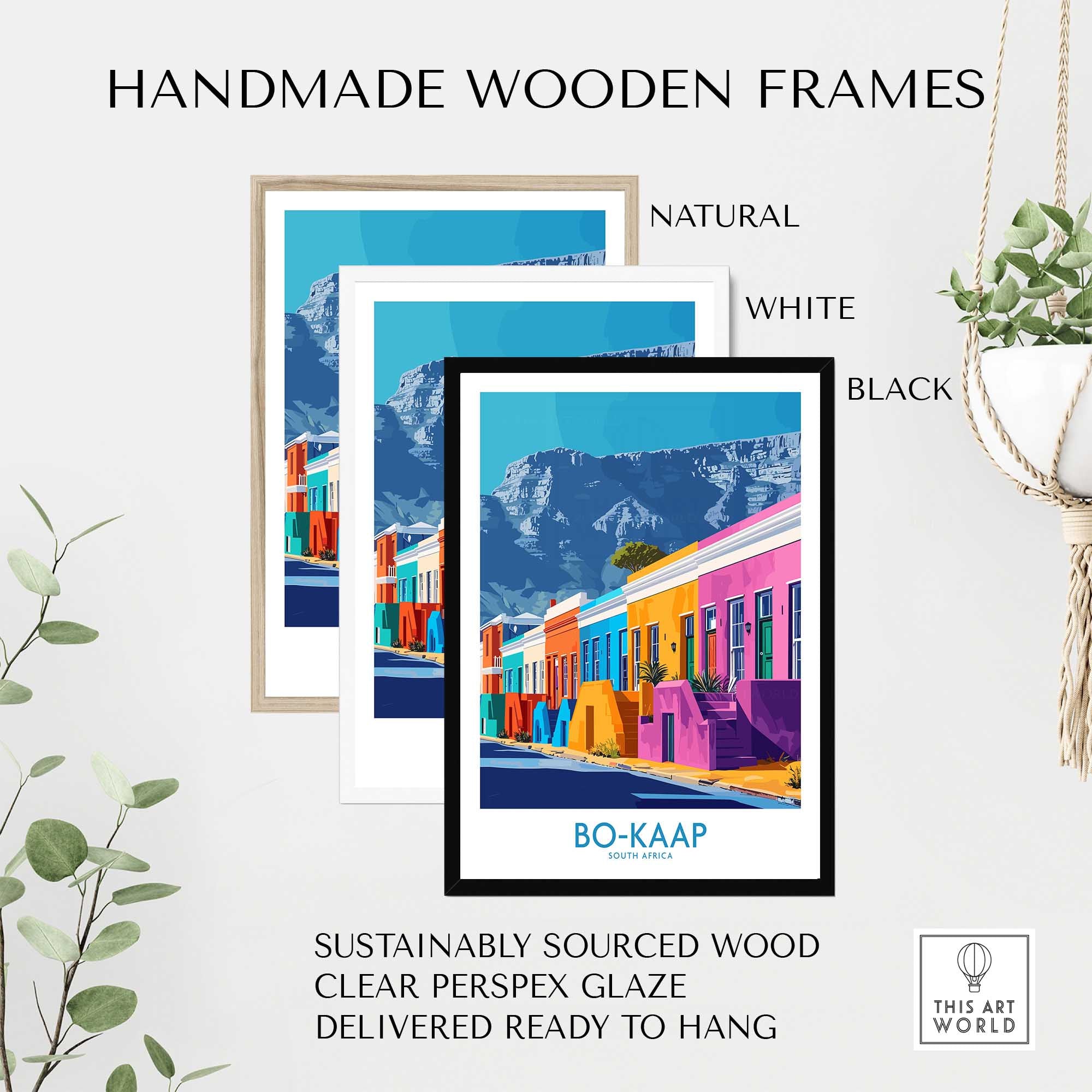 Handmade wooden frames in natural, white, and black for Bo-Kaap print, featuring sustainable materials and ready-to-hang design.