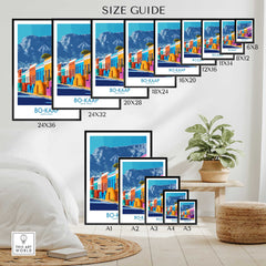 Bo-Kaap Print Cape Town size guide showcasing vibrant artwork in various frame sizes against a modern interior setting.