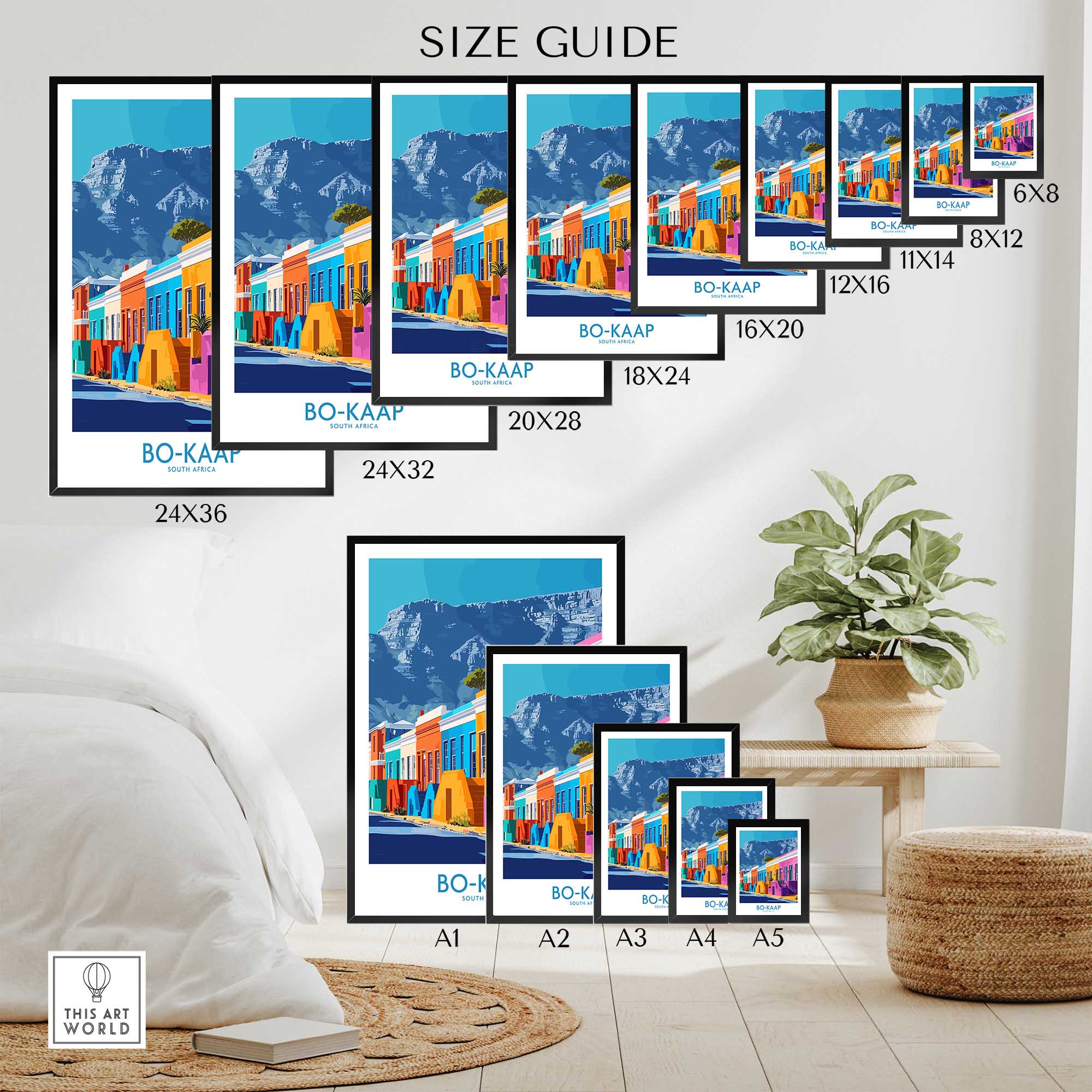 Bo-Kaap Print Cape Town size guide showcasing vibrant artwork in various frame sizes against a modern interior setting.