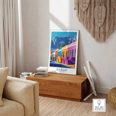 Bo-Kaap Print showcasing vibrant colors and scenic views of Cape Town's historic neighborhood in a stylish interior setting.