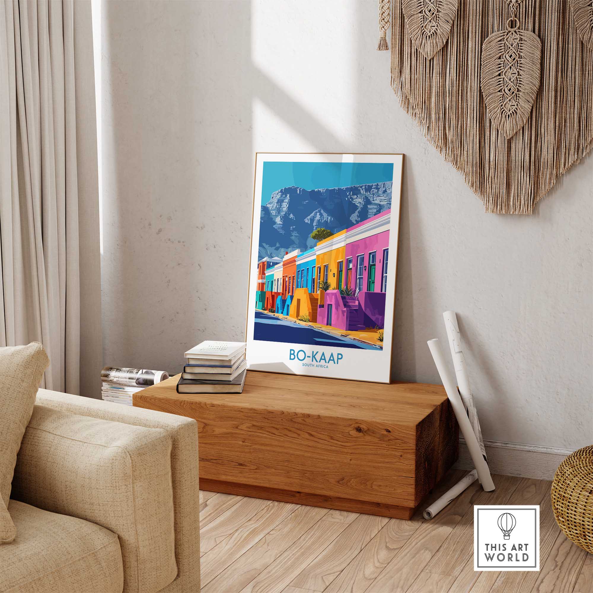 Bo-Kaap Print showcasing vibrant colors and scenic views of Cape Town's historic neighborhood in a stylish interior setting.