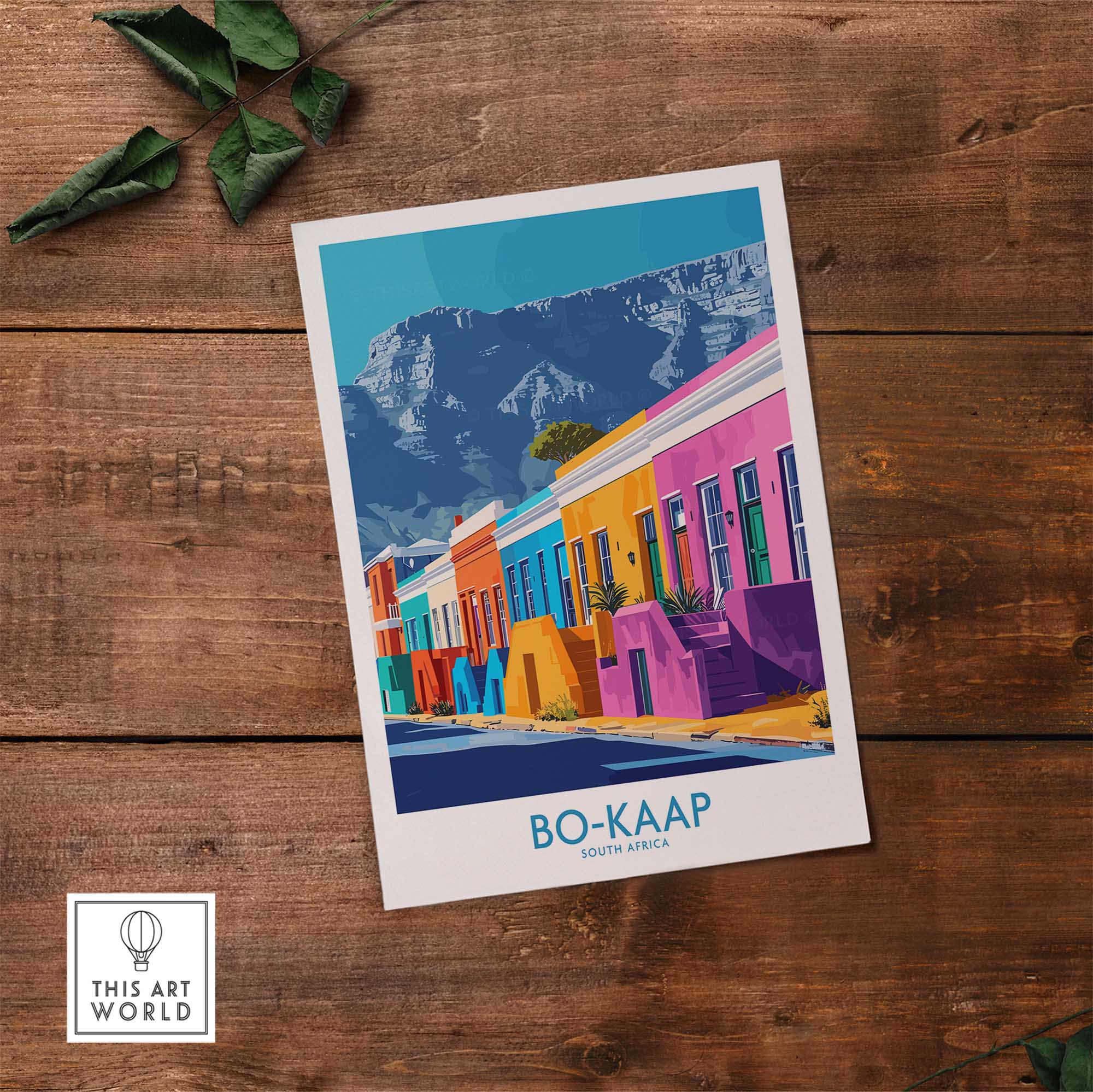 Bo-Kaap print showcasing colorful buildings and Table Mountain in Cape Town, South Africa, perfect for art lovers.