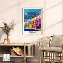 Bo-Kaap Print Cape Town showcased in a charming living room, featuring vibrant colors and iconic architecture.