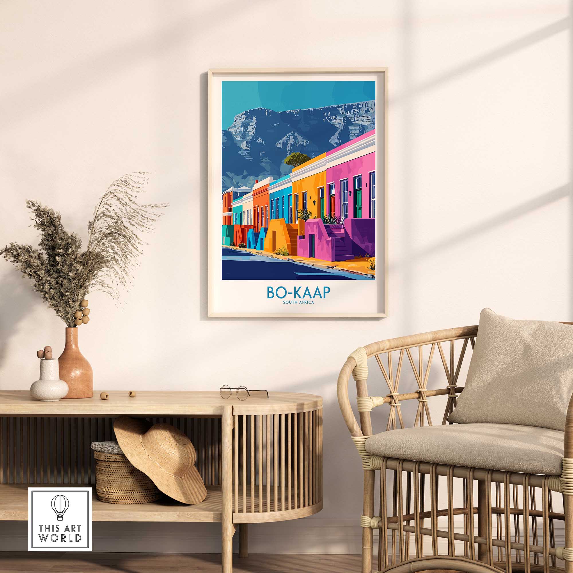 Bo-Kaap Print Cape Town showcased in a charming living room, featuring vibrant colors and iconic architecture.