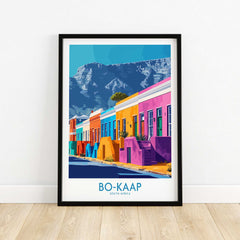 Bo-Kaap Print showcasing colorful buildings in Cape Town with Table Mountain in the background, celebrating South African culture.