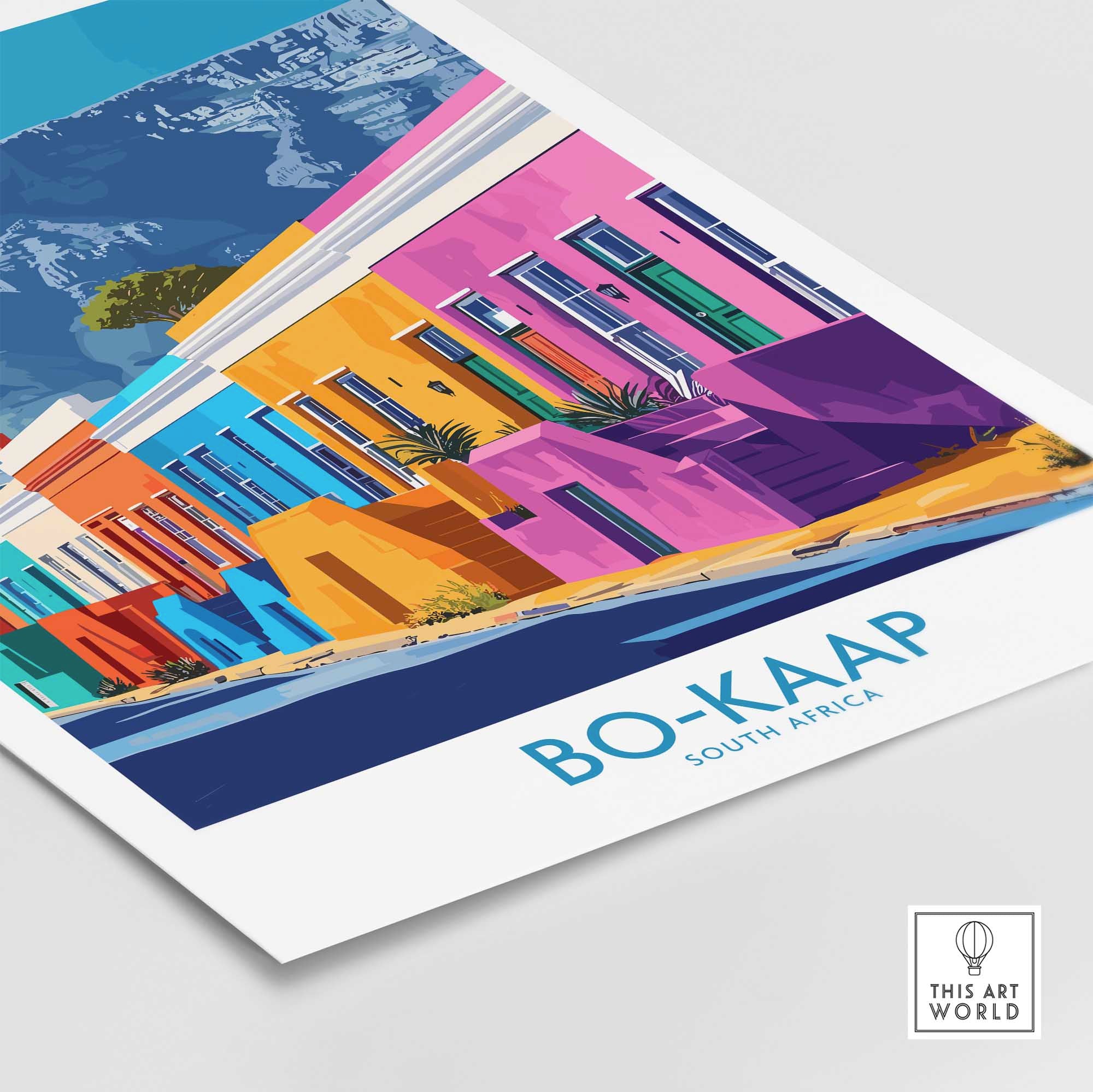 Bo-Kaap Print Cape Town featuring vibrant colors and traditional designs of the historic Bo-Kaap neighborhood in South Africa.