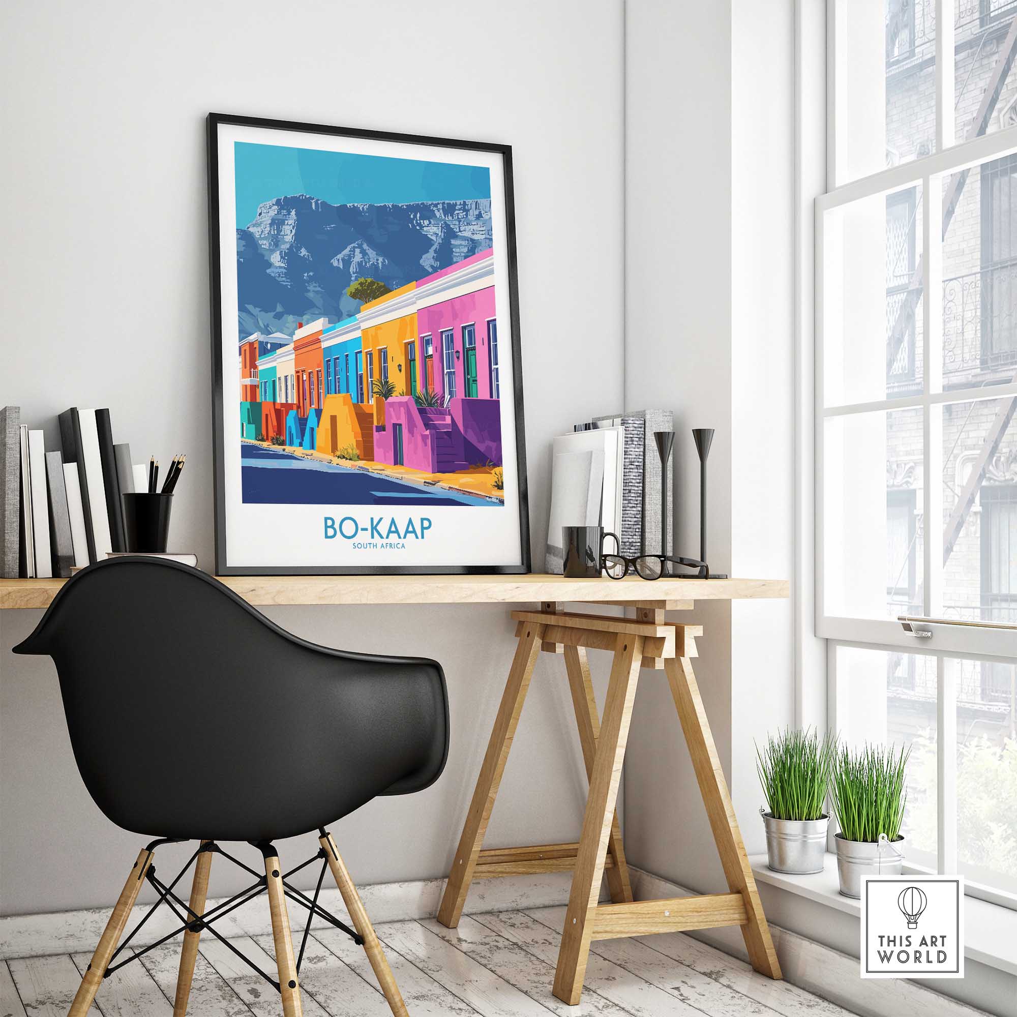 Bo-Kaap Print Cape Town displayed in a chic office setting, showcasing vibrant colors and traditional designs.
