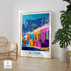Colorful Bo-Kaap print showcasing vibrant Cape Town houses and mountains, perfect for South African art lovers.