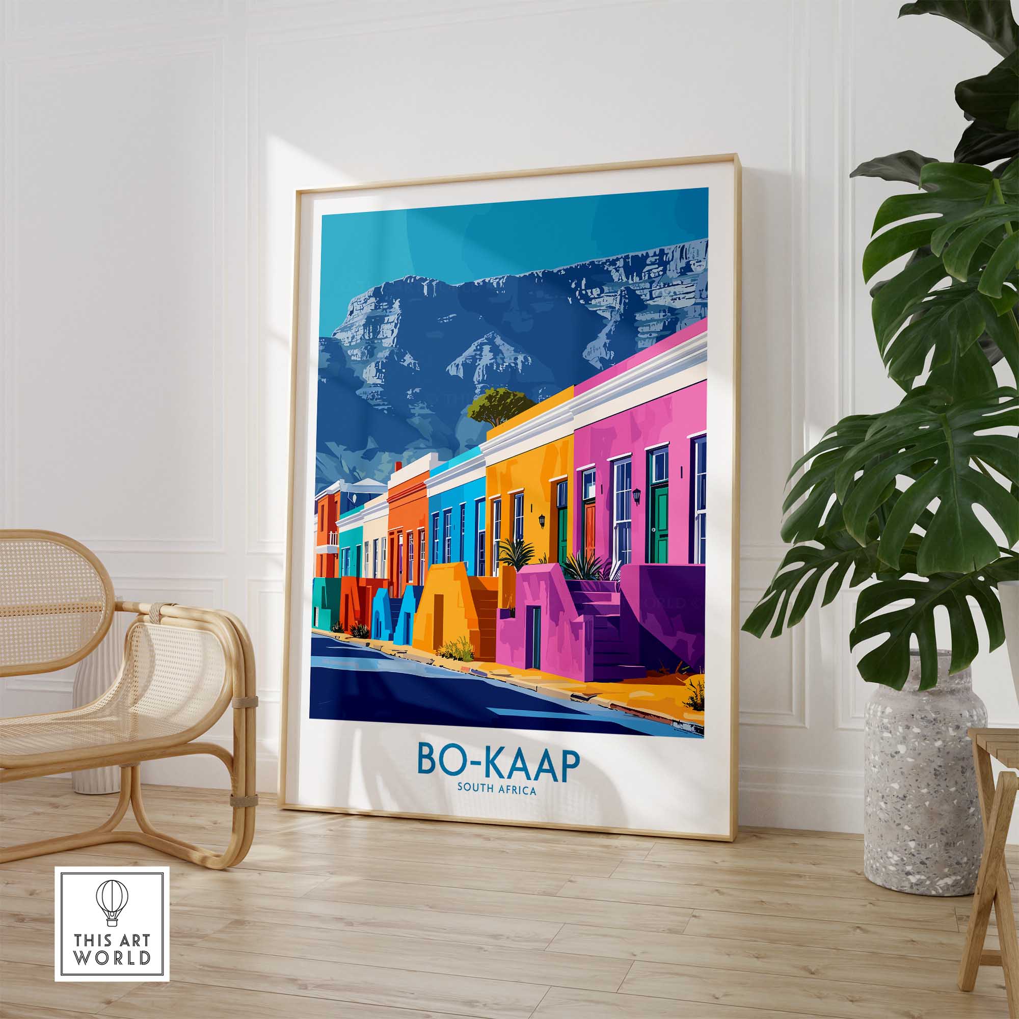 Colorful Bo-Kaap print showcasing vibrant Cape Town houses and mountains, perfect for South African art lovers.