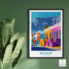 Vibrant Bo-Kaap print featuring colorful houses and Table Mountain, showcasing South African art and culture.