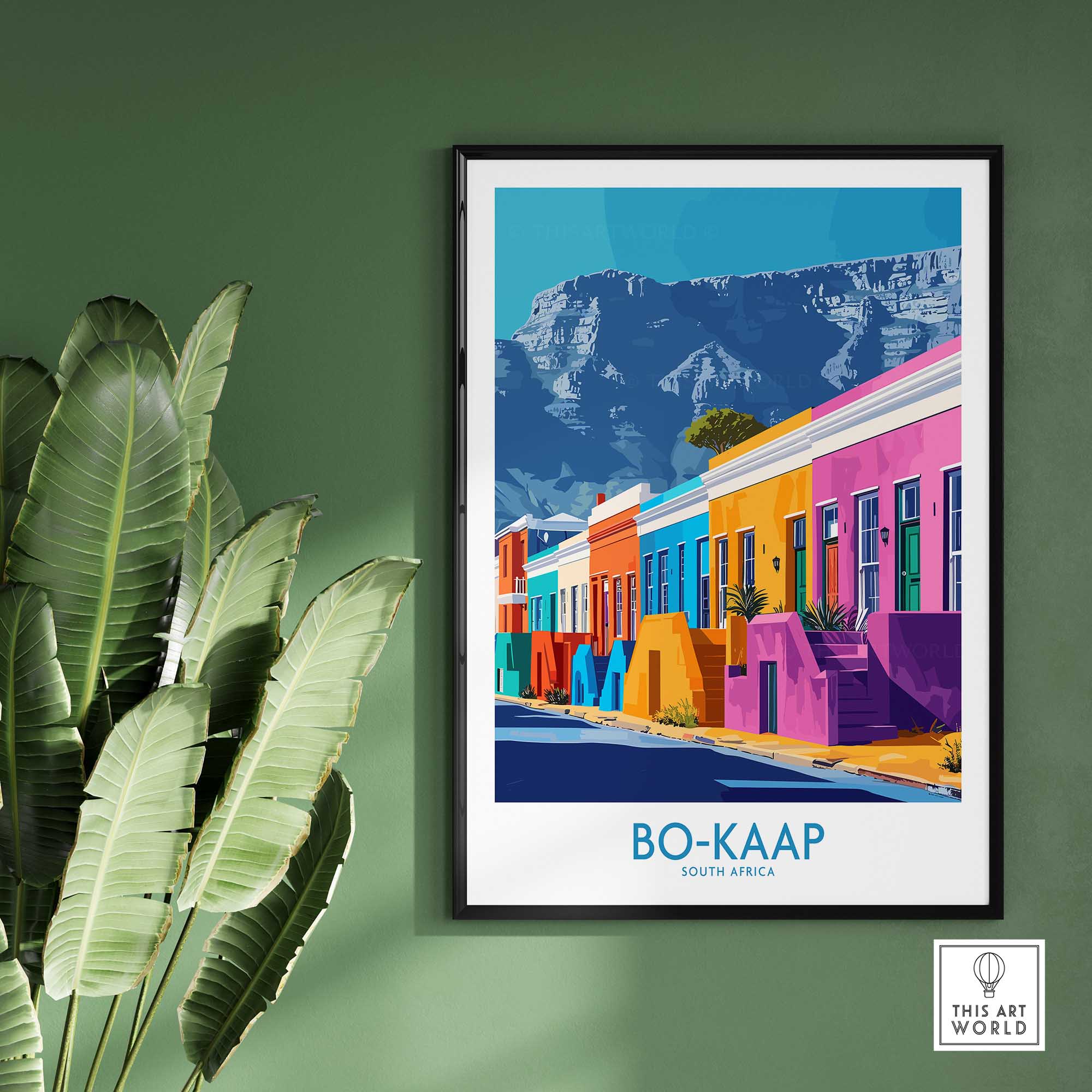 Vibrant Bo-Kaap print featuring colorful houses and Table Mountain, showcasing South African art and culture.