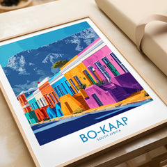 Vibrant Bo-Kaap Print featuring colorful Cape Town houses and Table Mountain, showcasing South African art.