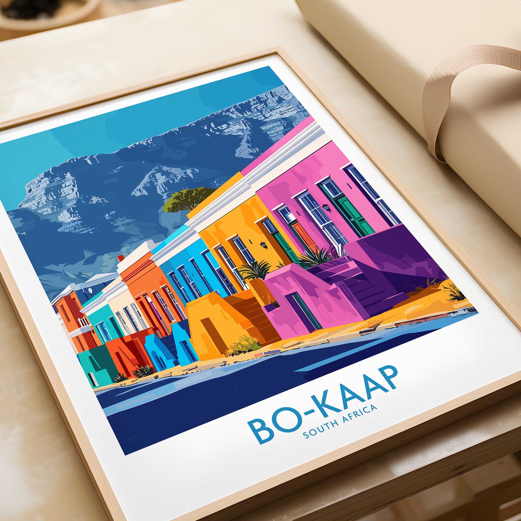 Vibrant Bo-Kaap Print featuring colorful Cape Town houses and Table Mountain, showcasing South African art.